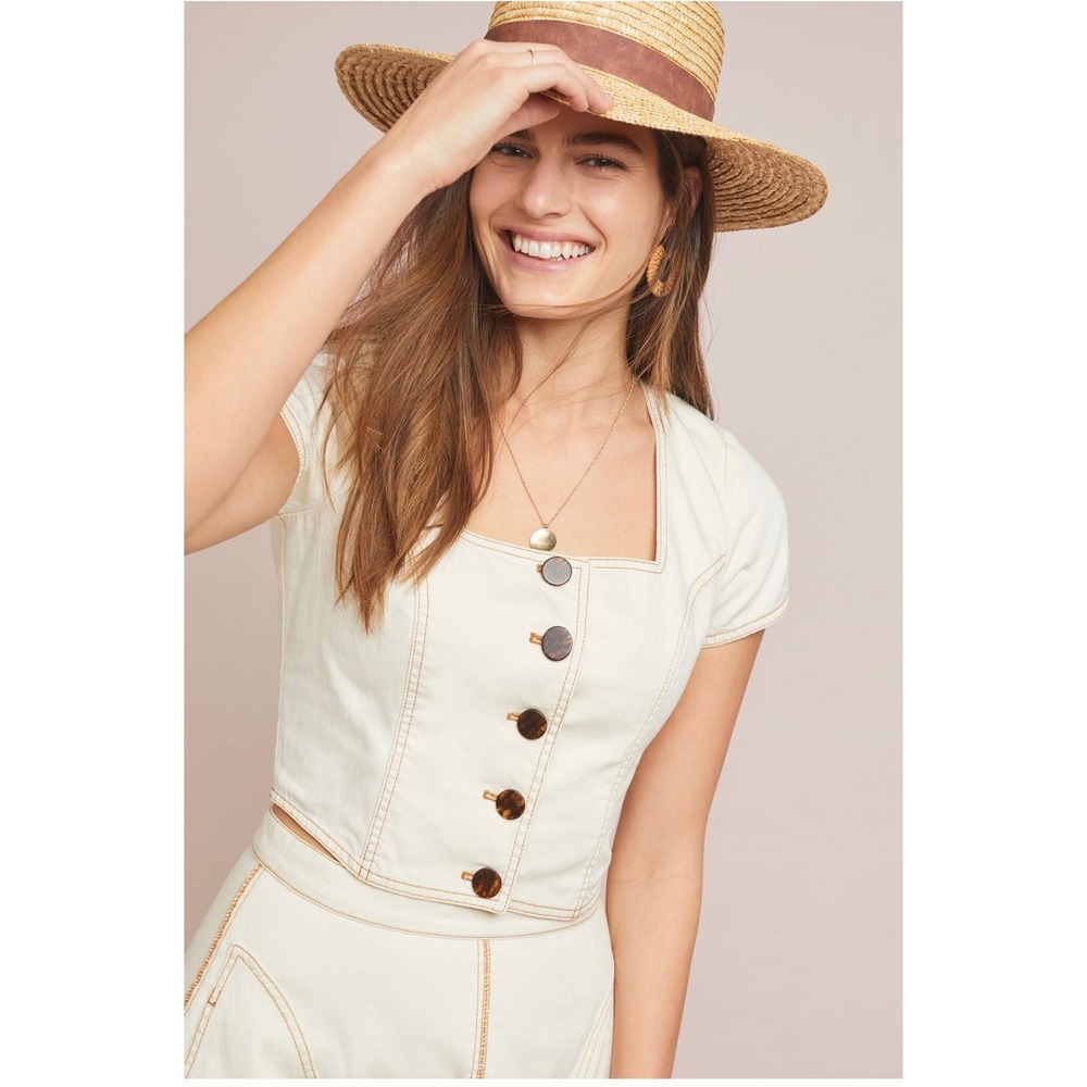 Maeve Anthropologie Ivory Denim Crop‎ Top Square Neck Button Front Cream Size 0